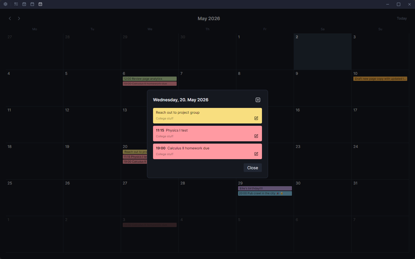 Calendar — day detail overlay