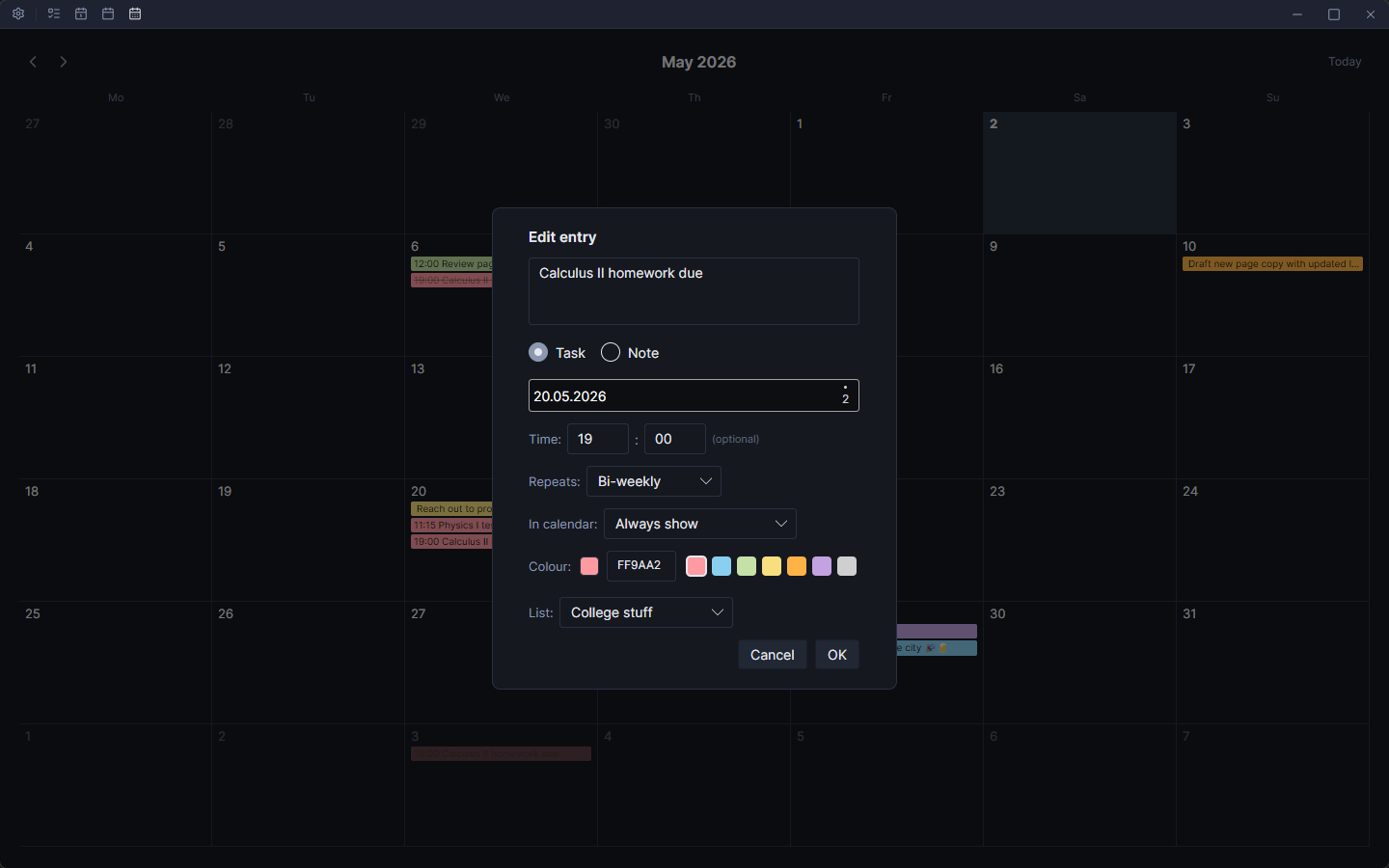 Calendar — editing an entry