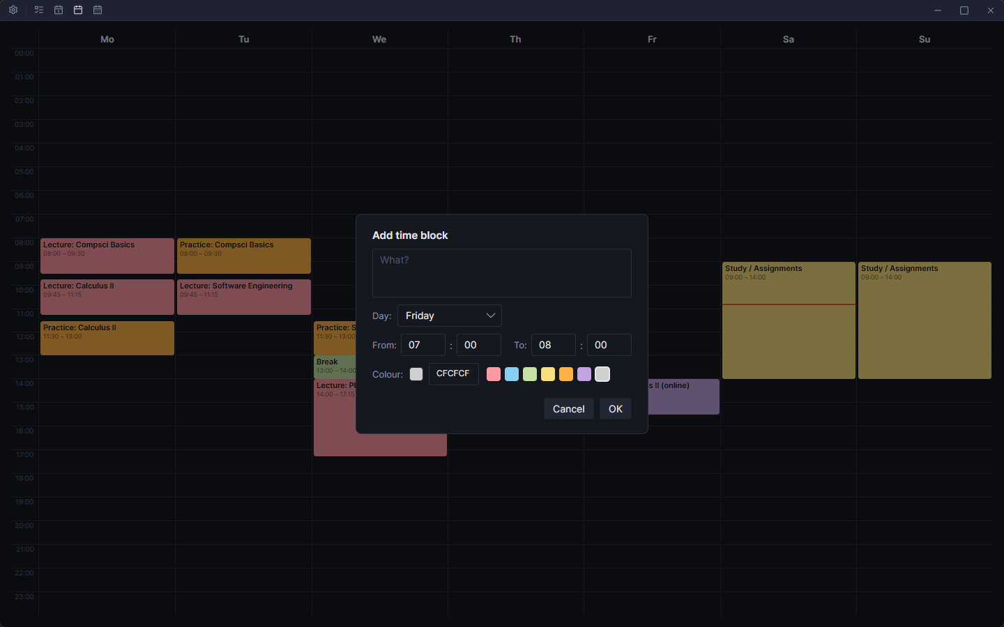 Timetable mode — adding a time block
